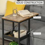 Set of 2 C Shaped Sofa Side Tables with Lockable Wheels and 3 Tier Storage, Dark Brown