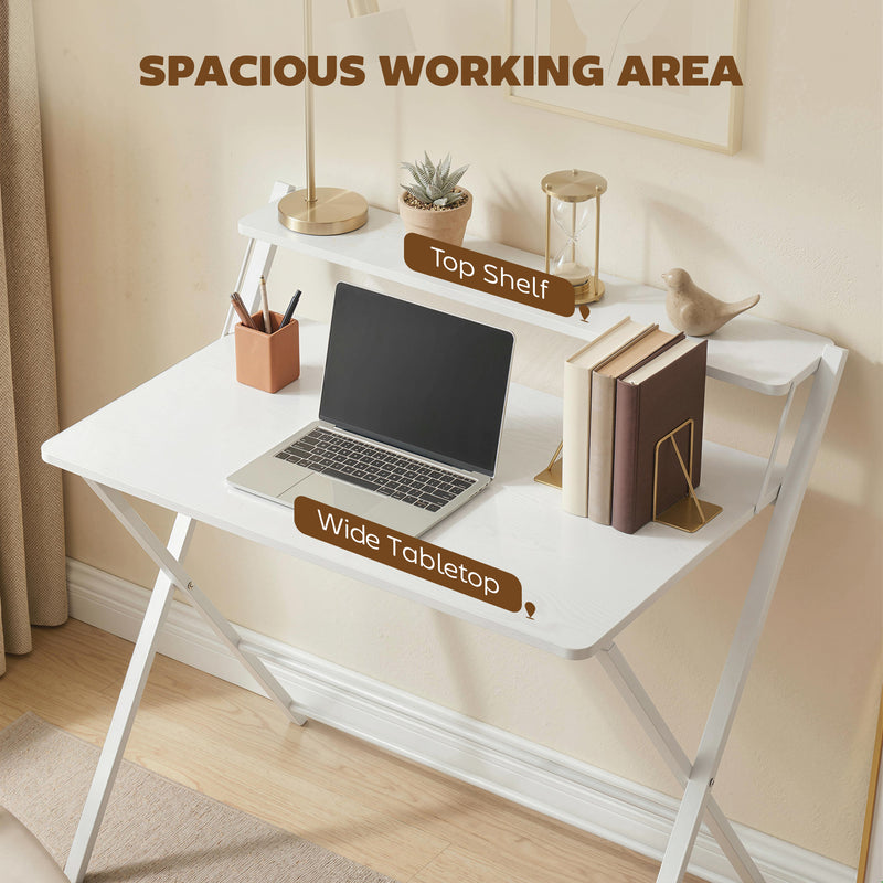 Folding Study Desk with Shelf for Small Spaces and Easy Storage White AOSOM