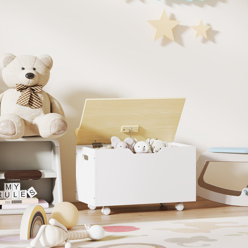 Toy Storage Chest with Wheels and Safety Hinges for Toddlers Playroom or Bedroom White AOSOM