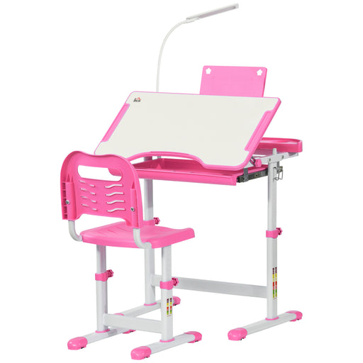 Adjustable Kids Study Desk and Chair Set with Storage and Drawer for Homework, Pink