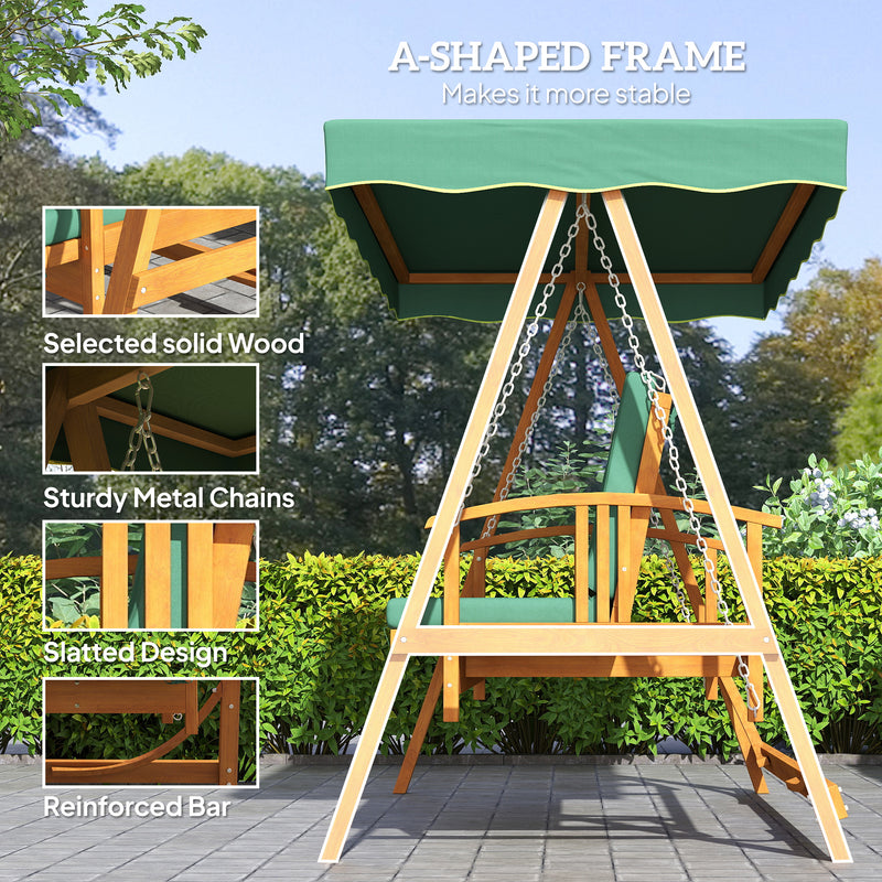 Wooden 3 Seater Garden Swing Chair Convertible Hammock Bench Lounger Dark Green Cushions by Outsunny