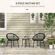 Black 3 Piece Rattan Bistro Set With Cushions For Balcony Or Small Garden Spaces