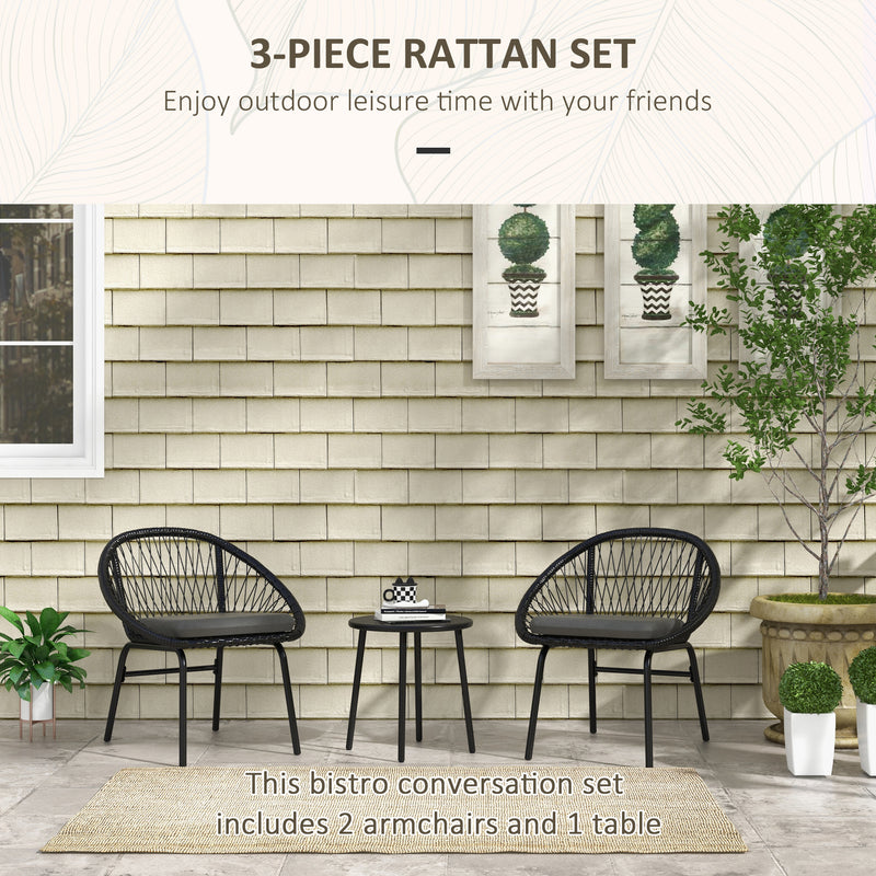 Black 3 Piece Rattan Bistro Set With Cushions For Balcony Or Small Garden Spaces