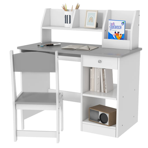 Kids Desk and Chair Set with Storage for Homework and Craft Ages 5 to 8 Years, Grey