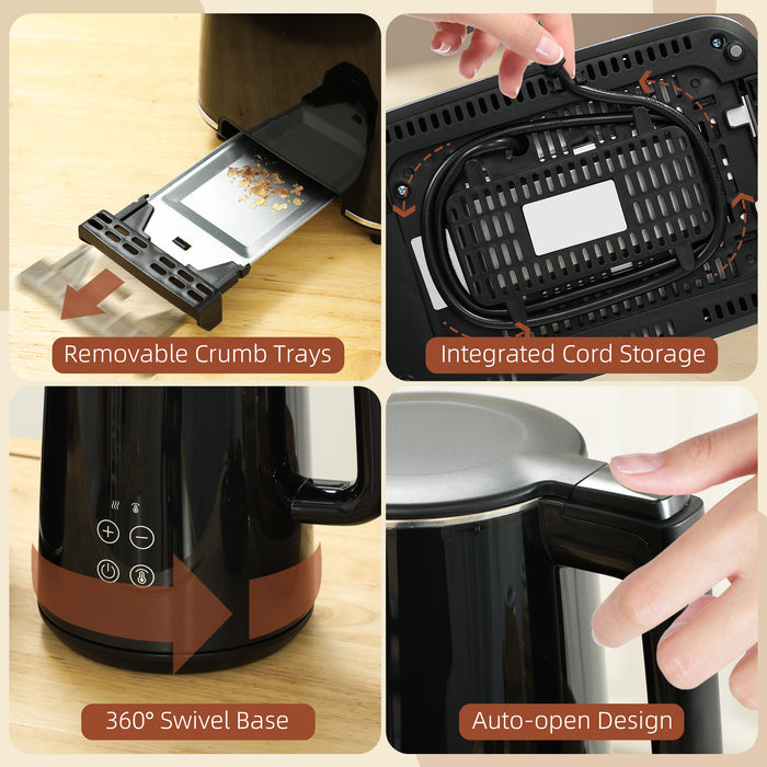 Black 1.5L 3000W Fast Boil Kettle and 2 Slice Toaster Set With 7 Browning Levels by HOMCOM