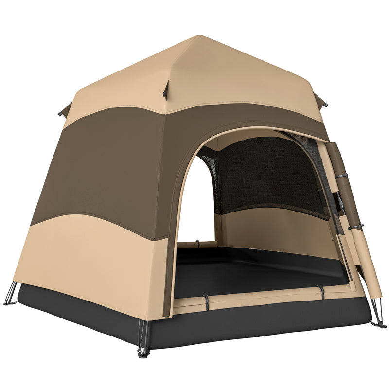 Pop Up 4 Person Tent for Quick Group Camping Shelter with Mesh Windows Brown and Khaki