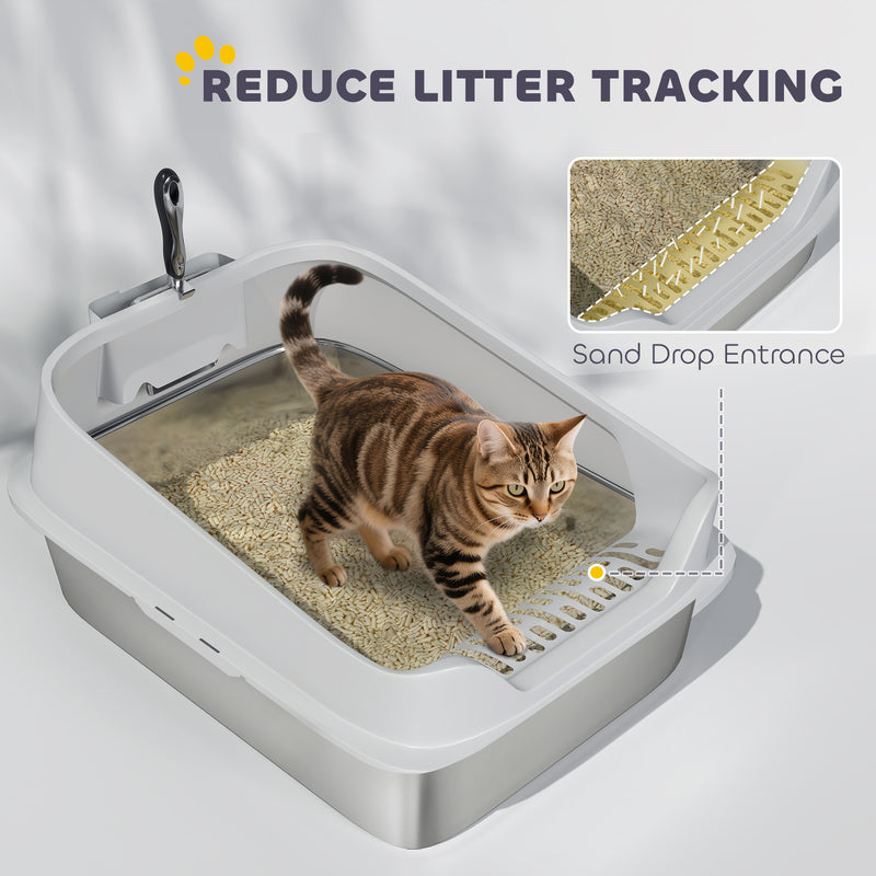 XL Stainless Steel Cat Litter Box with High Sides and Scoop for Easy Cleaning, Silver