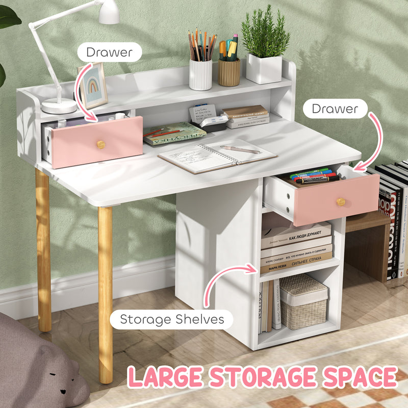 Pink Kids Study Desk and Chair Set with Hutch Storage Drawer and Shelves by AIYAPLAY