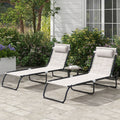 Set of 2 Cream Folding Sun Loungers with Pillow and Adjustable Backrests for Garden or Patio Outsunny