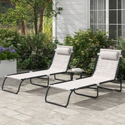 Set of 2 Cream Folding Sun Loungers with Pillow and Adjustable Backrests for Garden or Patio Outsunny