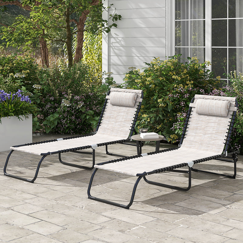 Set of 2 Cream Folding Sun Loungers with Pillow and Adjustable Backrests for Garden or Patio Outsunny