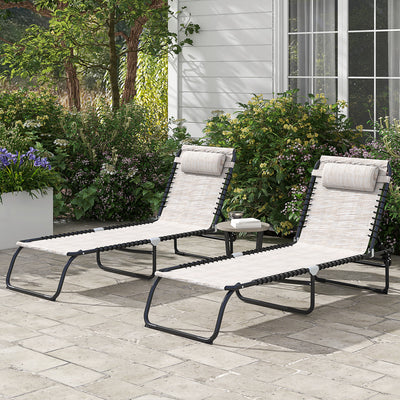 Set of 2 Cream Folding Sun Loungers with Pillow and Adjustable Backrests for Garden or Patio Outsunny