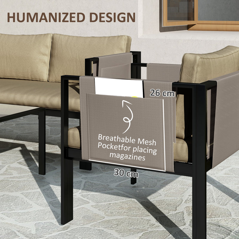 4 Piece Metal Garden Furniture Set with Glass Table and Cushions Khaki by Outsunny