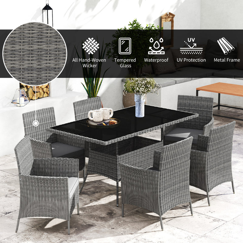 7 Seater Rattan Garden Dining Set With Cushions and Glass Top Table Charcoal Grey by Outsunny