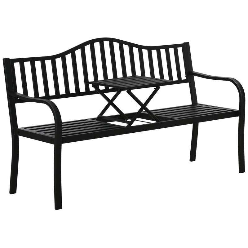 Outdoor Metal Bench with Pull-Out Centre Table for Garden or Patio Seating Black Outsunny