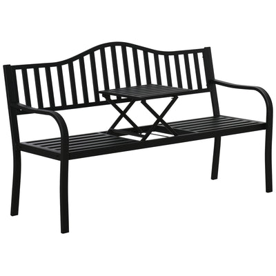 Outdoor Metal Bench with Pull-Out Centre Table for Garden or Patio Seating Black Outsunny