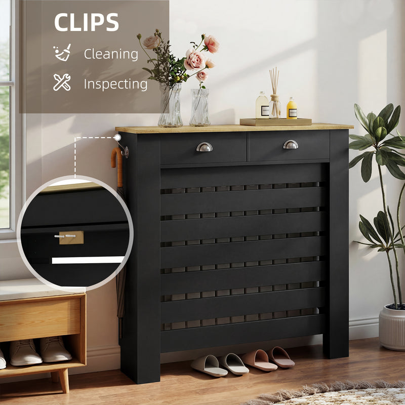Radiator Cover with Drawer for Hallway Safety and Storage Slim Slatted Black Wood Effect Homcom