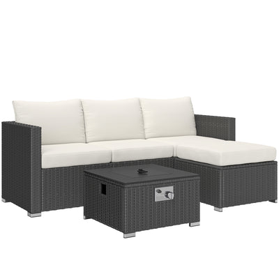 5 Piece Rattan Garden Lounge Set with Gas Fire Pit Table and Footstool Black by Outsunny