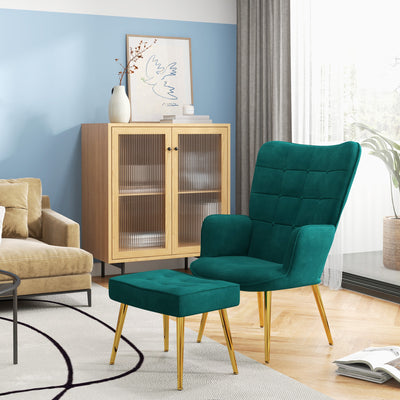 Velvet Wingback Armchair with Footstool for Living Room or Bedroom Steel Legs Dark Green