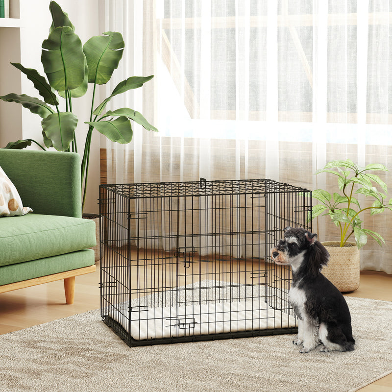 Foldable Black Dog Crate with 2 Doors Tray and Soft Cushion for Small Dogs 76 x 53 x 60 by PawHut