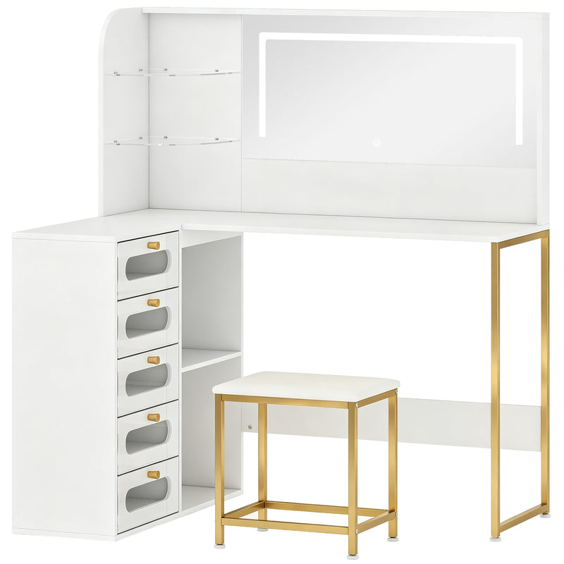 Corner Dressing Table Set with Adjustable LED Mirror and Organised Storage White Gold