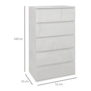 5 Drawer High Gloss Chest Of Drawers With Spacious Bedroom Storage Unit, White
