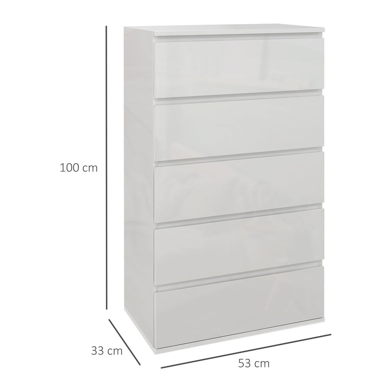 5 Drawer High Gloss Chest Of Drawers With Spacious Bedroom Storage Unit, White