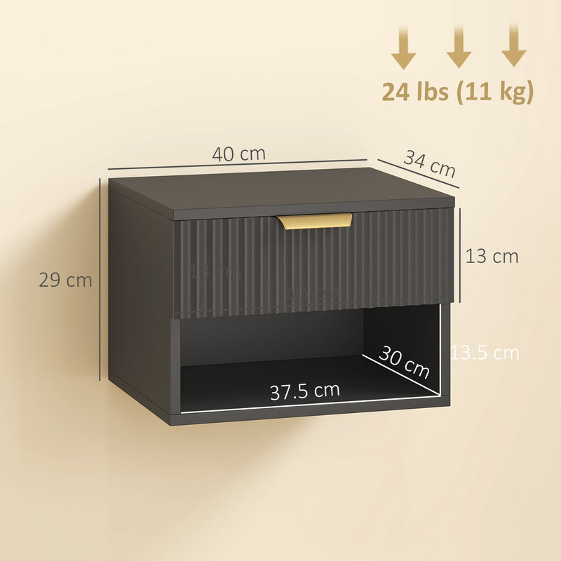 Set of 2 Floating Bedside Tables with Drawer and Shelf for Easy Cleaning Black Gold