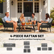 Rattan Garden Furniture Set 4 Piece With Cushions for Comfortable Outdoor Seating Black/Grey Outsunny
