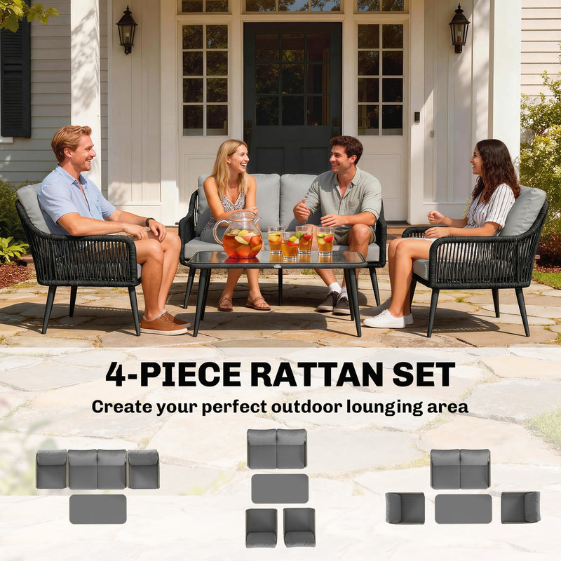 Rattan Garden Furniture Set 4 Piece With Cushions for Comfortable Outdoor Seating Black/Grey Outsunny