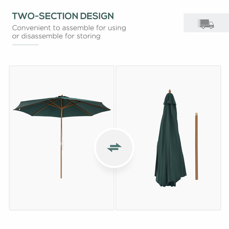 Dark Green 3m Wooden Garden Parasol With Pulley System For Stylish Patio Shade
