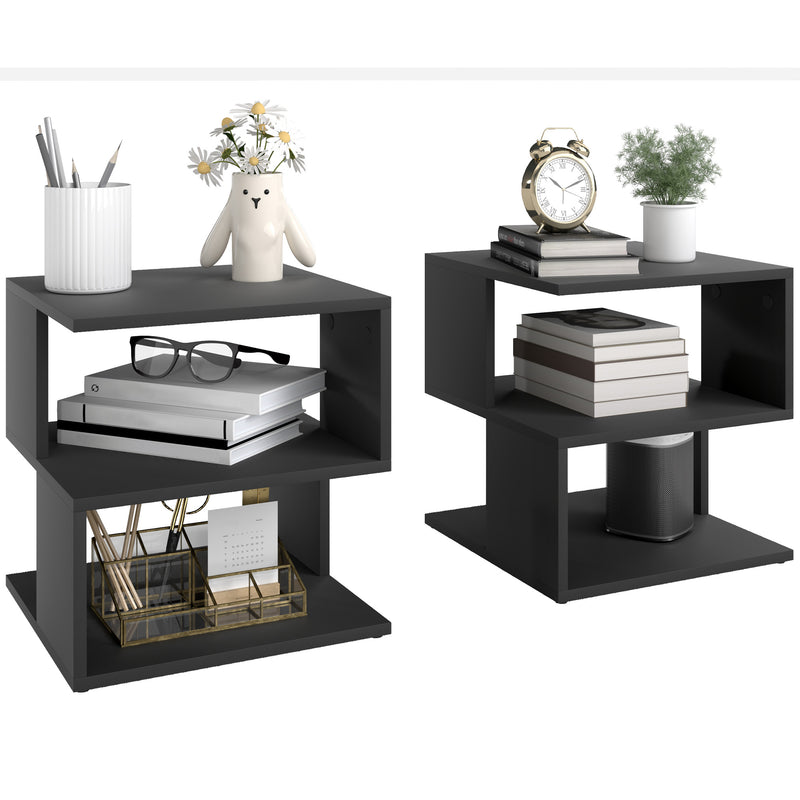 Set of 2 Modern Side Tables with 2 Tier Storage for Living Room or Bedroom Black