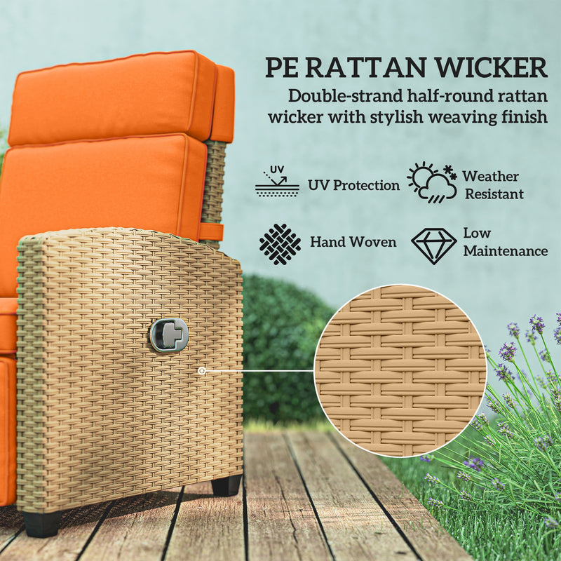 Rattan Recliner Garden Chair with Adjustable Back and Flip-Up Side Tray Khaki Outsunny