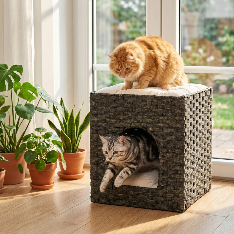 Two Level Cat House with Hideaway and Lounging Platform Easy Clean Grey Beige