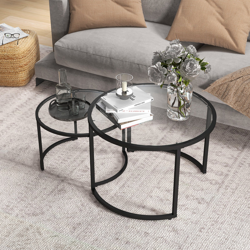 Modern Glass Nesting Coffee Tables Set of 2 Space Saving Living Room Design Black