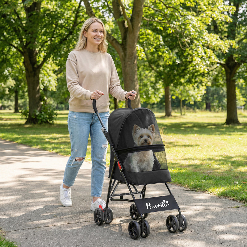 Pet Stroller for Small Dogs or Cats with Foldable Frame and Secure Leash Black AOSOM