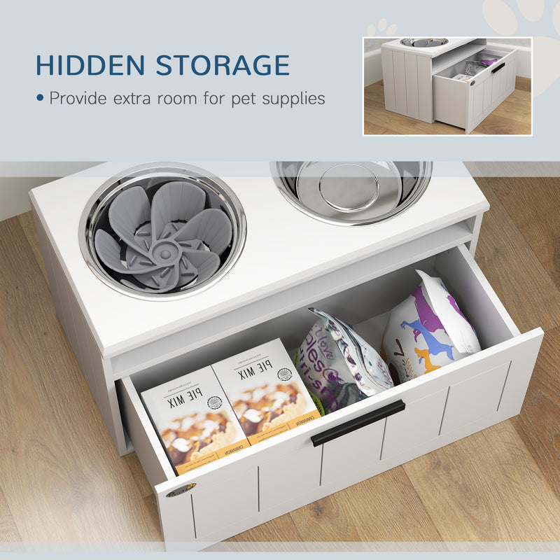 Raised Dog Bowl with Slow Feeder and Storage Drawer for Large Dogs White by PawHut