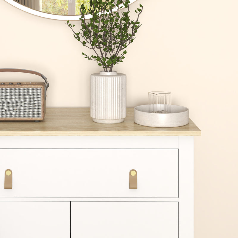 White Farmhouse Style Sideboard with Storage Shelves and Drawers