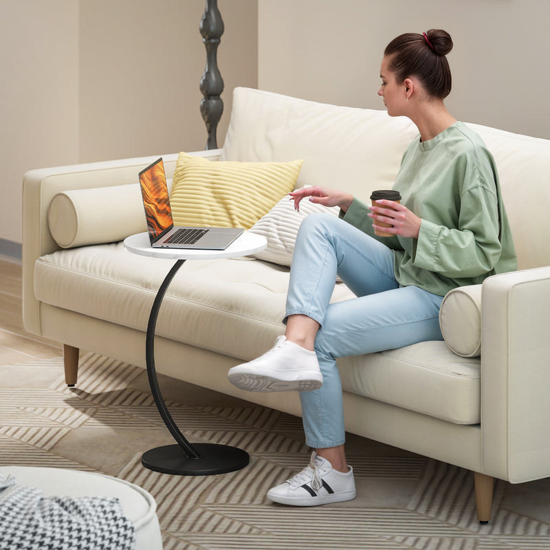 C Shaped Side Table with Marble Effect Top for Sofa or Bedside Use, White