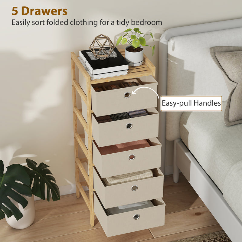 Slim Chest of Drawers for Small Bedrooms with Five Fabric Storage Drawers Natural Finish AOSOM
