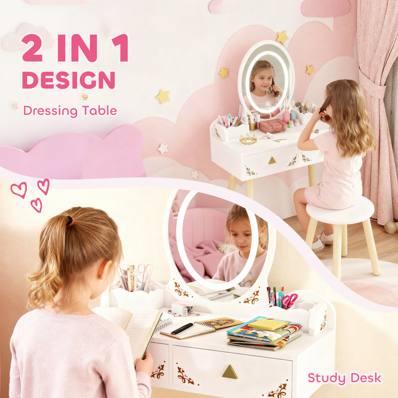 Kids Vanity Table and Chair Set with LED Mirror and Storage for Ages 3 and Up White AOSOM