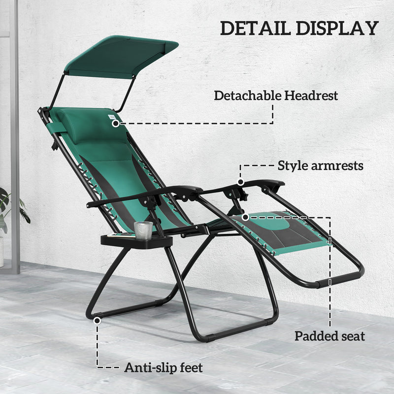 Green Zero Gravity Reclining Outdoor Sun Lounger with Shade Cup Holder and Cushion by Outsunny