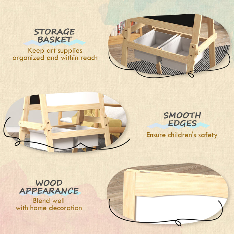 3 in 1 Kids Art Easel with Paper Roll and Storage Baskets for Ages 3 to 6, Natural Wood Finish