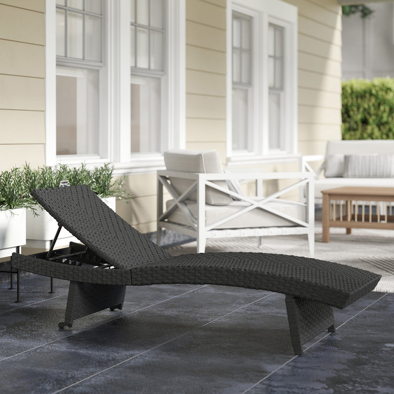 Black Rattan Folding Sun Lounger With Adjustable Backrest and Wheels by Outsunny