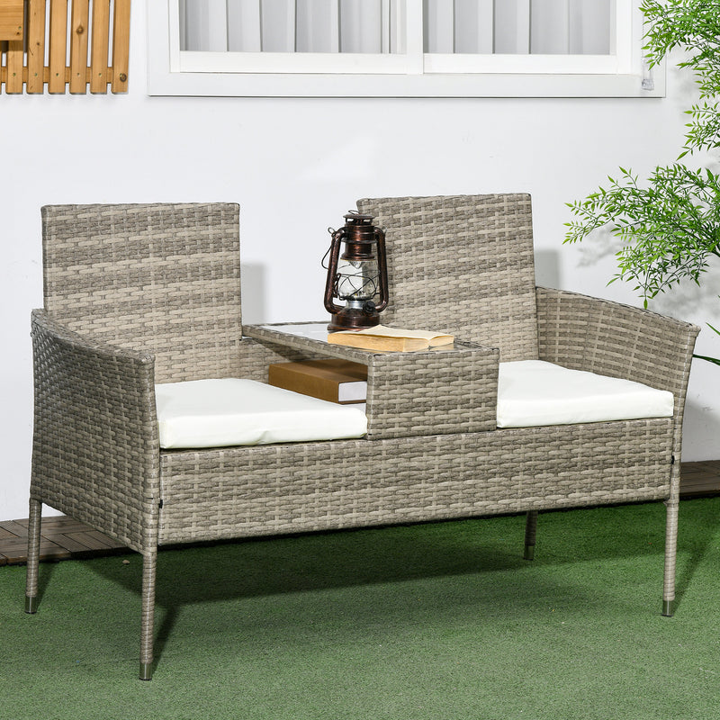 Grey 2 Seater Rattan Garden Chair With Built In Table For Patio Or Balcony