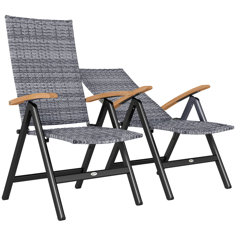 2 Piece Outdoor Folding Dining Chairs with Armrests and High Back for Garden and Camping Grey Rattan by Outsunny
