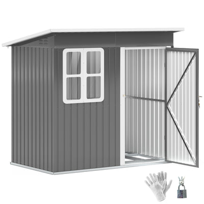 Grey 7x4ft Galvanised Steel Garden Shed with Window, Lock and Gloves by Outsunny