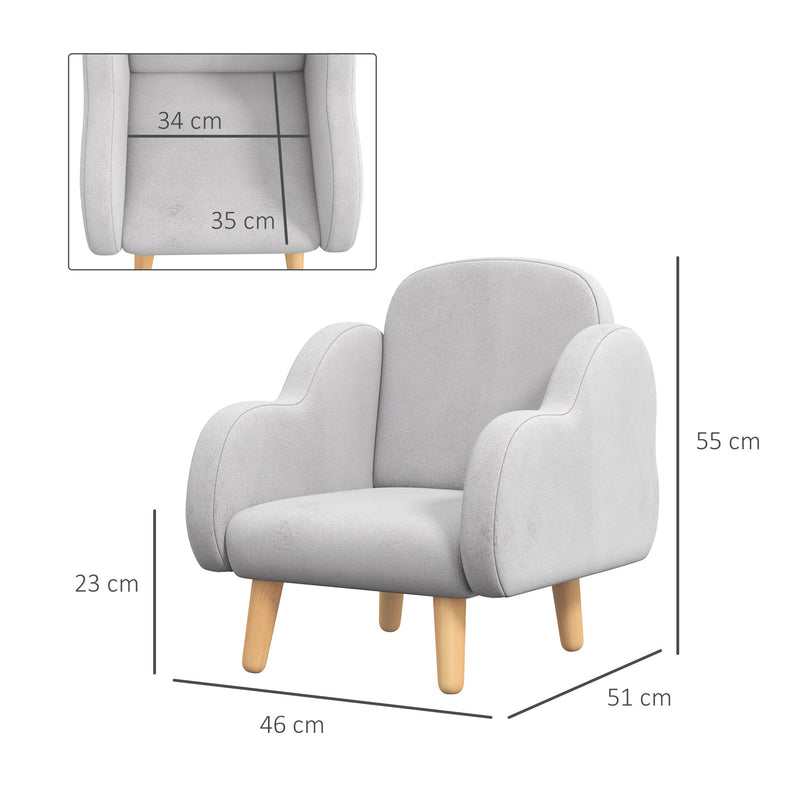 Kids Cloud Shaped Armchair with Wooden Frame and Velvet Upholstery for Toddlers, Grey