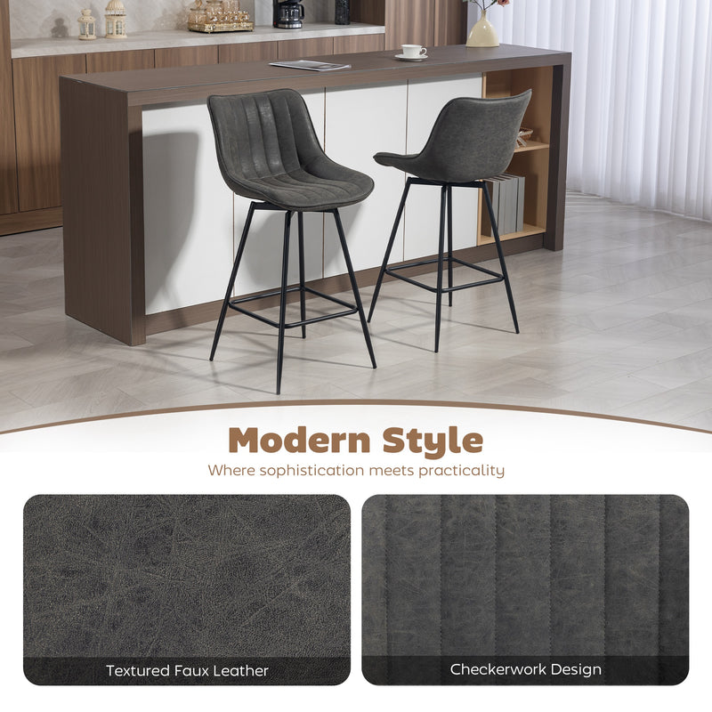 Set of 2 Faux Leather Swivel Bar Stools with Adjustable Height for Kitchen Island Grey