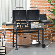 Dual Fuel BBQ Grill Charcoal and Gas with Lid and Side Shelves Black by Outsunny